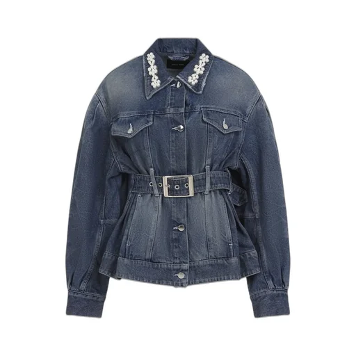 Denim Jacket With Pearl Embellished Collar And Belt