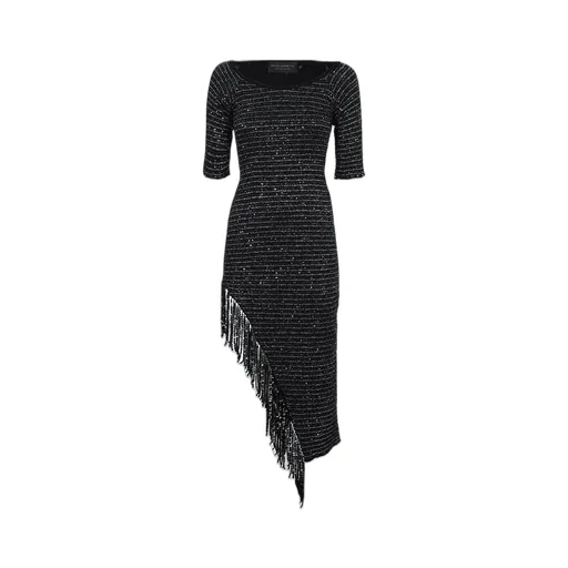 Striped Sequined Dress With Fringe Hem