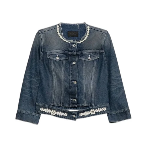 Denim Jacket With Pearl Embellishments