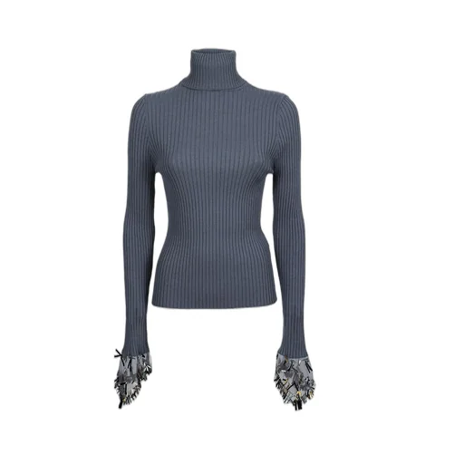 Ribbed Turtleneck Sweater With Embellished Cuffs