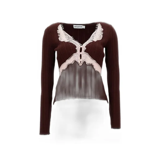 Ribbed Knit Cardigan With Lace Trim