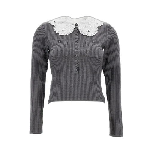 Ribbed Knit Sweater With Peter Pan Collar