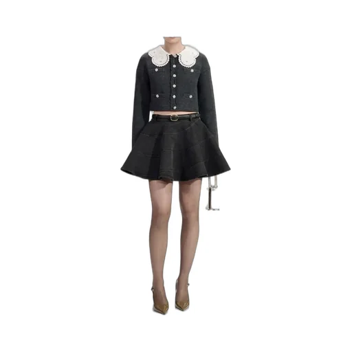 Cropped Cardigan With Peter Pan Collar And Flared Skirt