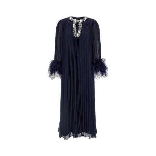 Pleated Maxi Dress With Feather Cuffs