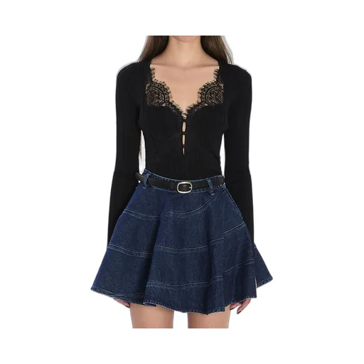 Ribbed Knit Top With Lace Trim And Flared Sleeves