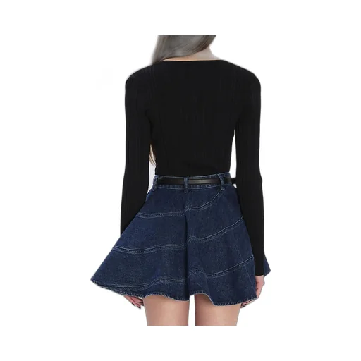 Ribbed Knit Top With Lace Trim And Flared Sleeves