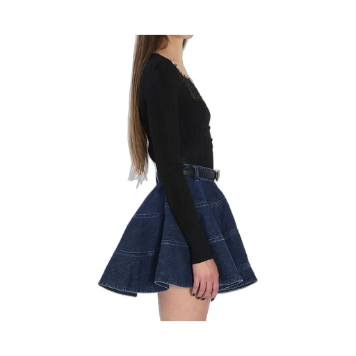 Ribbed Knit Top With Lace Trim And Flared Sleeves