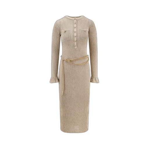 Ribbed Knit Midi Dress With Chain Belt