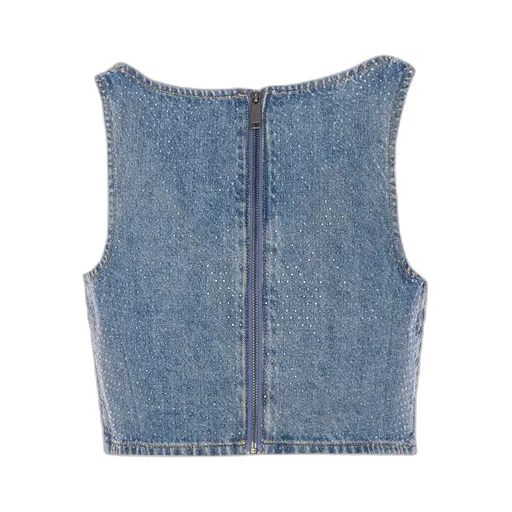 Denim Crop Top With Rhinestones