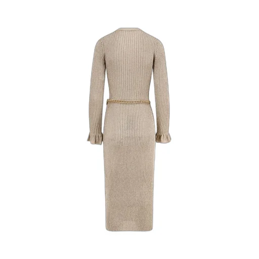 Ribbed Knit Midi Dress With Chain Belt