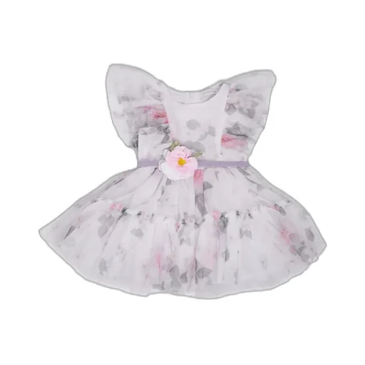 Monnalisa Rose-Printed Belted Tiered Tulle Dress