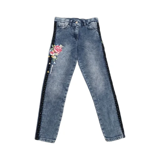 Monnalisa Floral Embroidered Denim Jeans