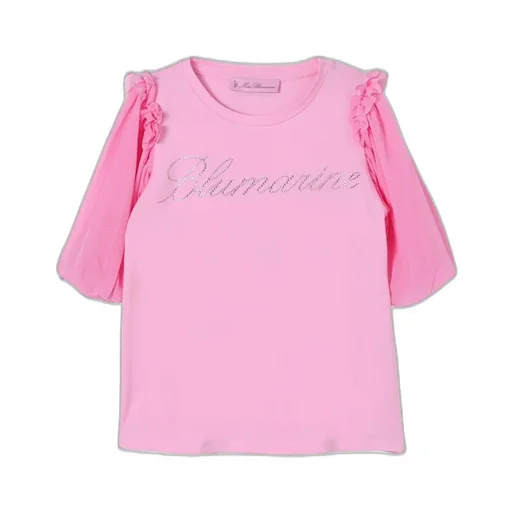 Miss Blumarine Embellished Logo Ruffle-Sleeved T-Shirt