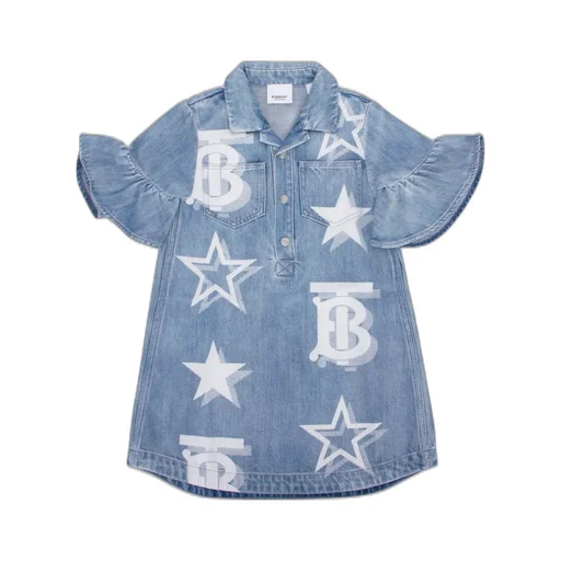 Burberry Kids Monogram Print Ruffled Denim Dress