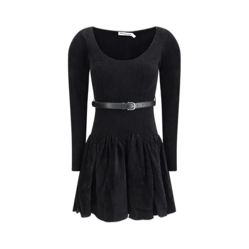 Self-Portrait Long Sleeved Ribbed-Knit Belted Dress