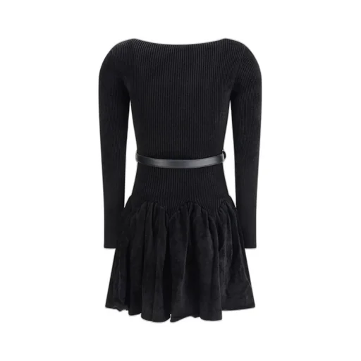 Self-Portrait Long Sleeved Ribbed-Knit Belted Dress