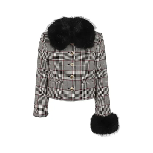 Self-Portrait Check Fur Cuff Jacket
