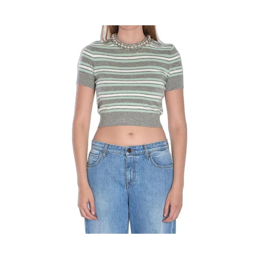 Self-Portrait Striped Embellished-Trim Knitted Top