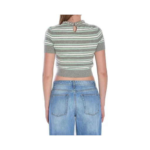 Self-Portrait Striped Embellished-Trim Knitted Top
