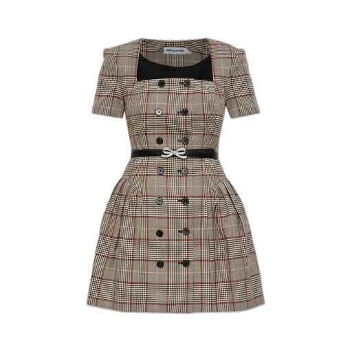 Self-Portrait Check Short Sleeve Mini Dress