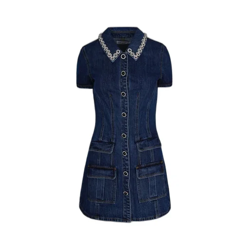 Self-Portrait Embellished Trim Collared Denim Mini Dress