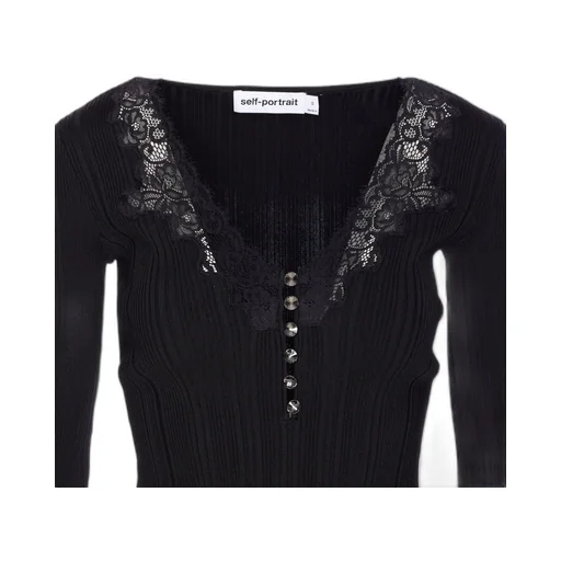 Self-Portrait Lace-Trim Long-Sleeved Ribbed-Knit Top