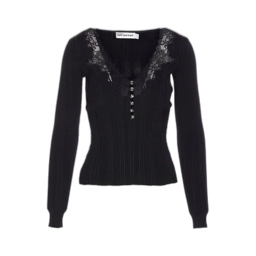 Self-Portrait Lace-Trim Long-Sleeved Ribbed-Knit Top