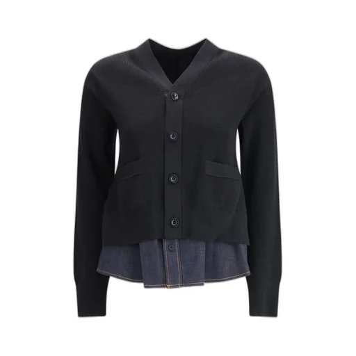 Sacai Denim-Panel Knitted Cardigan
