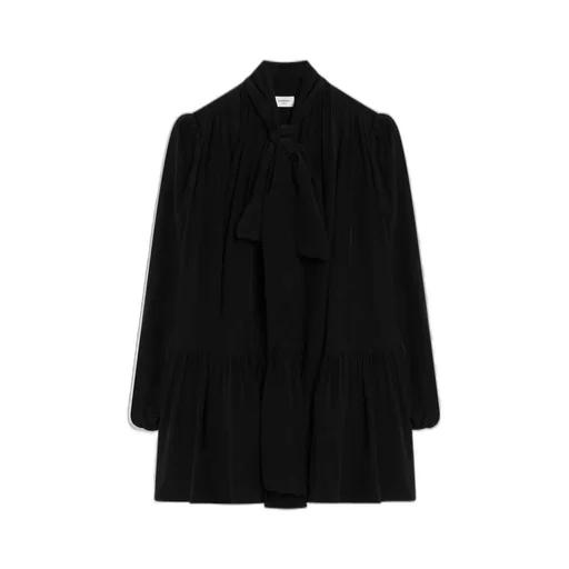 Saint Laurent LavalliÈRe Pleated Long-Sleeved Mini Dress