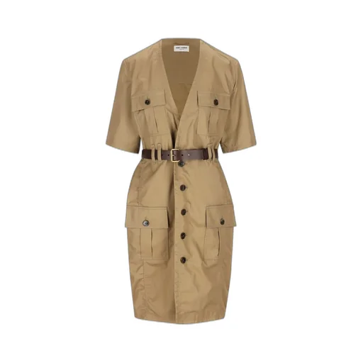 Saint Laurent Saharienne V-Neck Short-Sleeved Dress