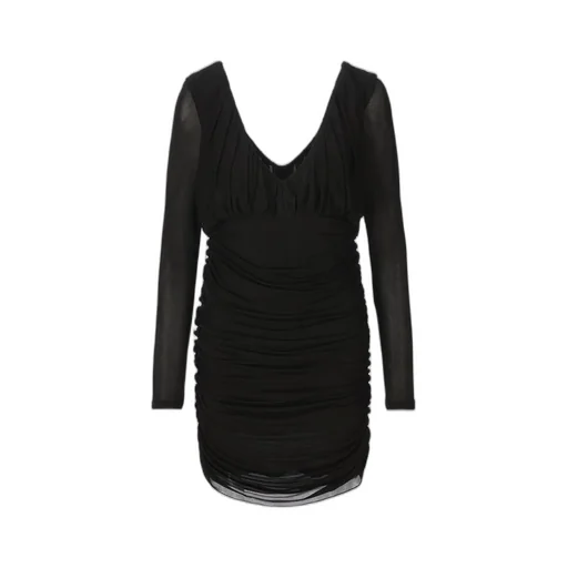 Saint Laurent V-Neck Draped Long-Sleeved Dress