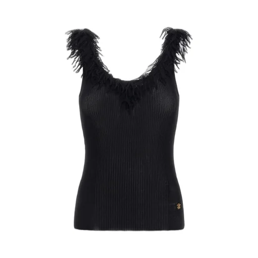 Roberto Cavalli Frayed Trim Ribbed Knit Top