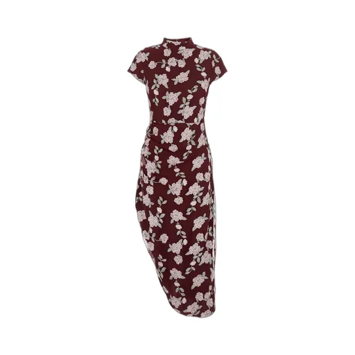 Rotate Floral Printed Mesh Asymmetric Dress
