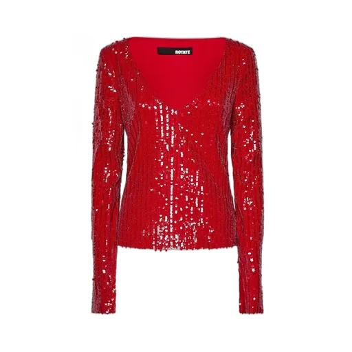 Rotate Sequin-Detailed Long-Sleeved V-Neck Top