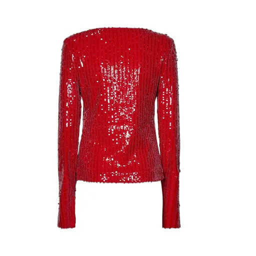 Rotate Sequin-Detailed Long-Sleeved V-Neck Top