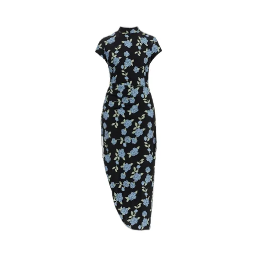Rotate Floral Printed Mesh Asymmetric Dress