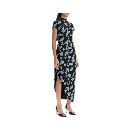 Rotate Floral Printed Mesh Asymmetric Dress