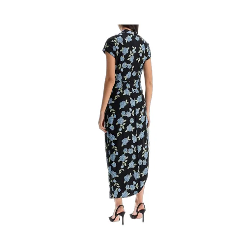 Rotate Floral Printed Mesh Asymmetric Dress