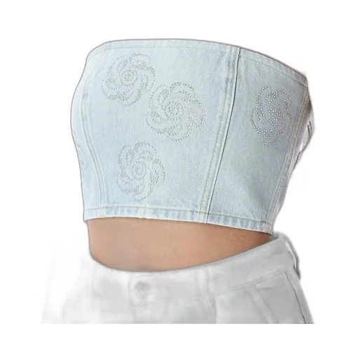 Rotate Denim Cropped Embellished Top