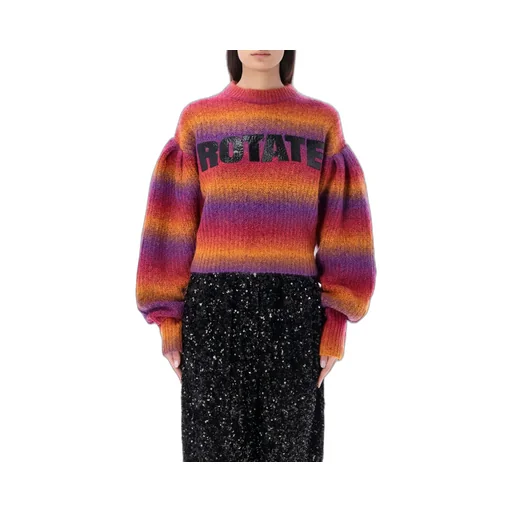 Rotate Logo Printed Striped Puff-Sleeved Sweater