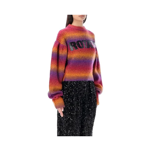 Rotate Logo Printed Striped Puff-Sleeved Sweater