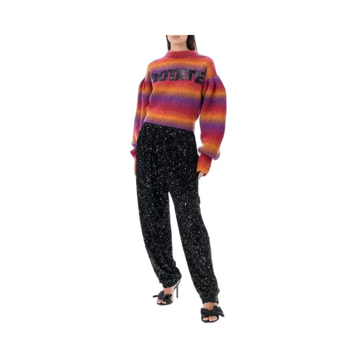 Rotate Logo Printed Striped Puff-Sleeved Sweater
