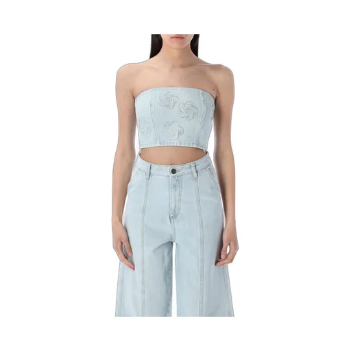 Rotate Denim Cropped Embellished Top