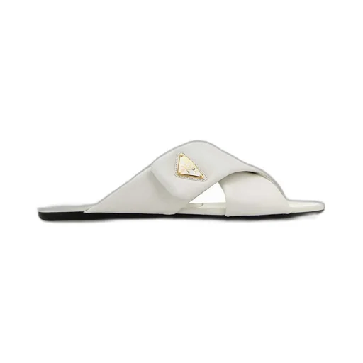 Prada Logo Plaque Crossover Strap Detailed Slides