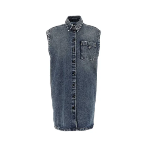 Prada Logo Plaque Sleeveless Denim Shirt