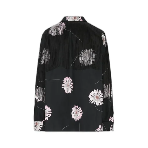 Prada Rose-Printed Long-Sleeved Fringed Shirt