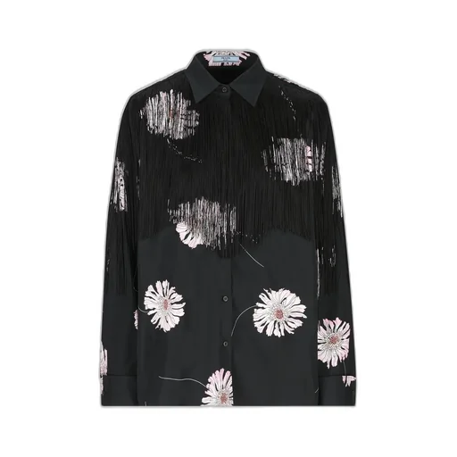 Prada Rose-Printed Long-Sleeved Fringed Shirt