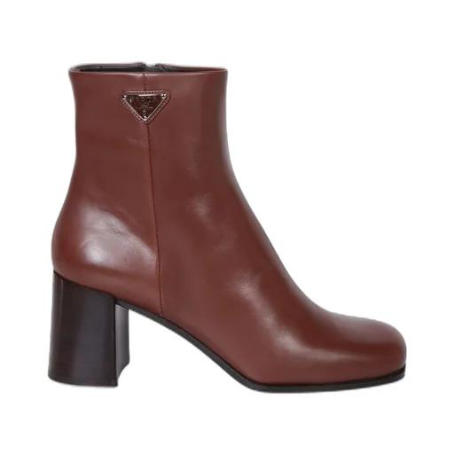 Prada High Block Heel Logo Plaque Ankle Boots