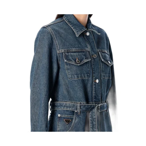 Prada Long Sleeved Belted Denim Jumpsuit