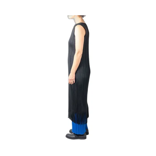 Pleats Please Issey Miyake Fringed Hem Pleated Midi Dress